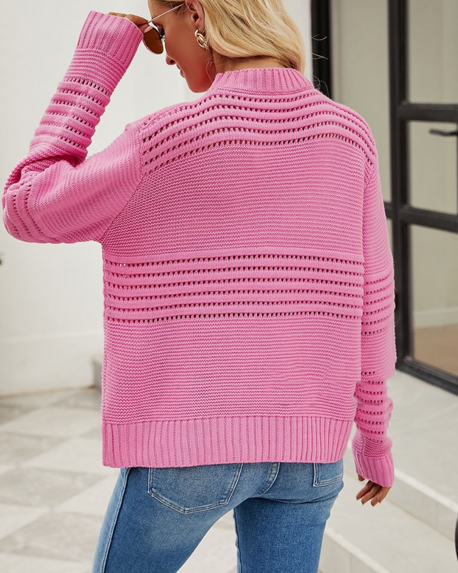 Damen Strickpullover – Leichter Pullover mit Lochmuster und Rundhalsausschnitt