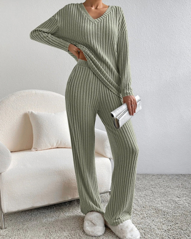 V Neck Ribbed Design Comfy Loose Straight-leg Trousers Two-Piece Set