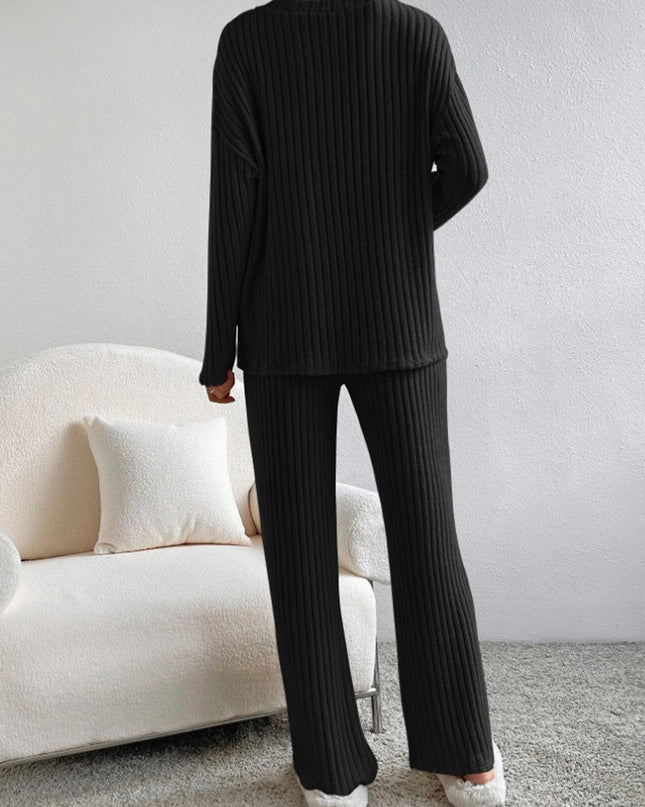V Neck Ribbed Design Comfy Loose Straight-leg Trousers Two-Piece Set