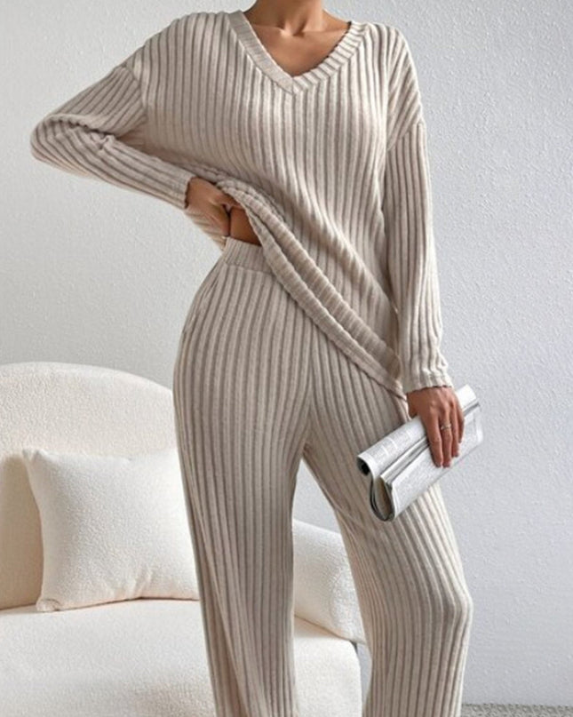 V Neck Ribbed Design Comfy Loose Straight-leg Trousers Two-Piece Set