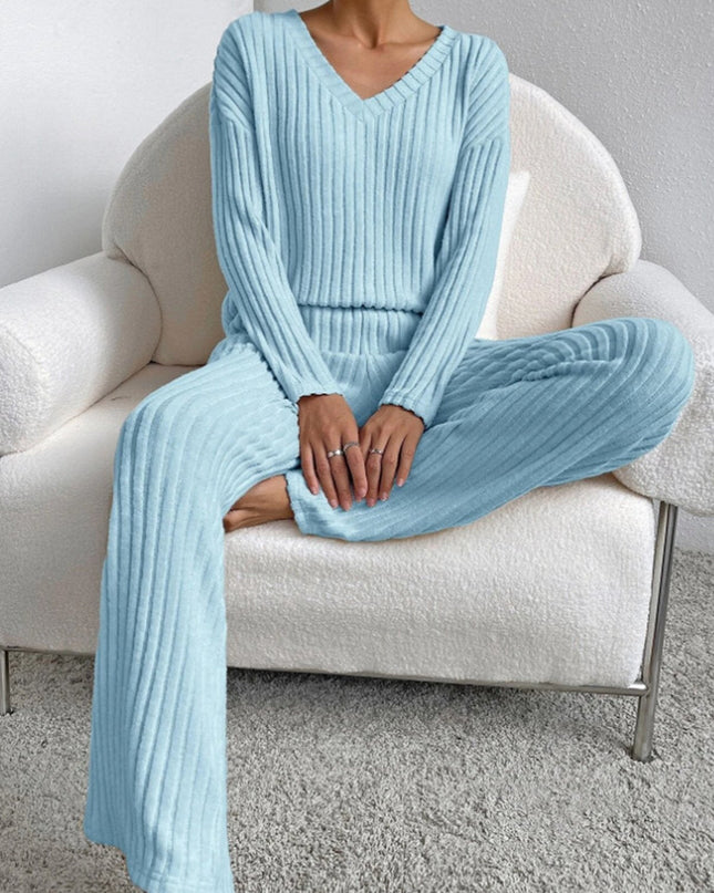V Neck Ribbed Design Comfy Loose Straight-leg Trousers Two-Piece Set