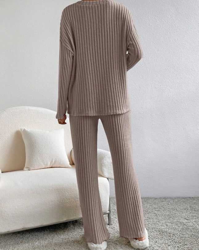 V Neck Ribbed Design Comfy Loose Straight-leg Trousers Two-Piece Set
