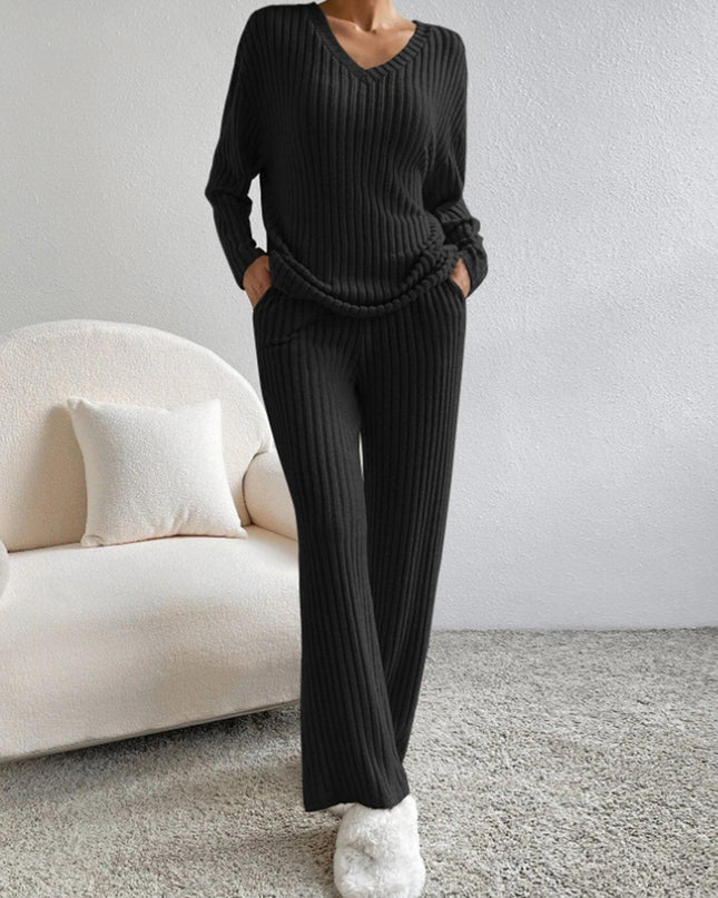 V Neck Ribbed Design Comfy Loose Straight-leg Trousers Two-Piece Set