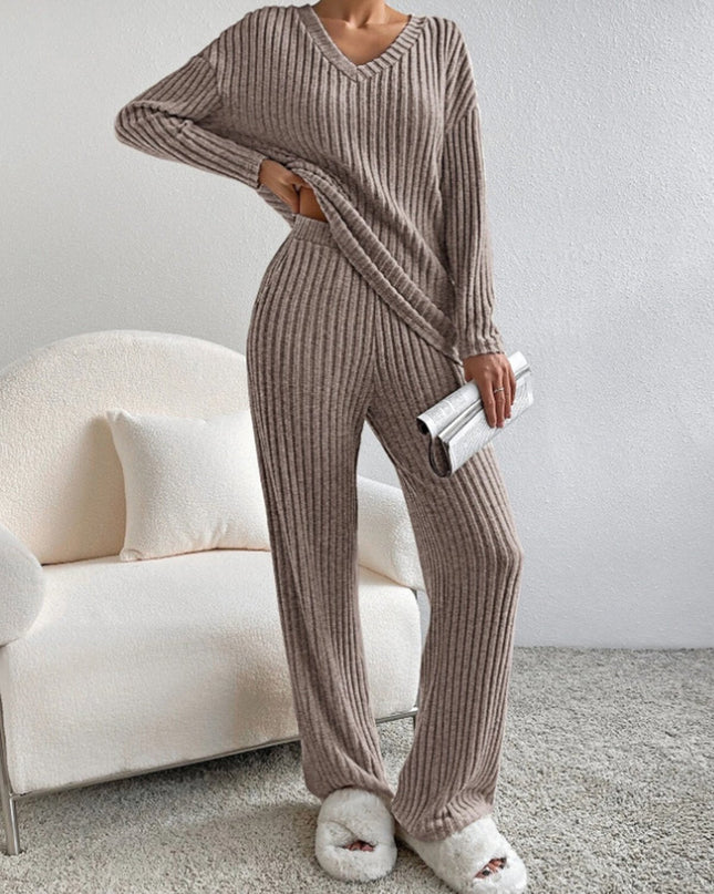 V Neck Ribbed Design Comfy Loose Straight-leg Trousers Two-Piece Set
