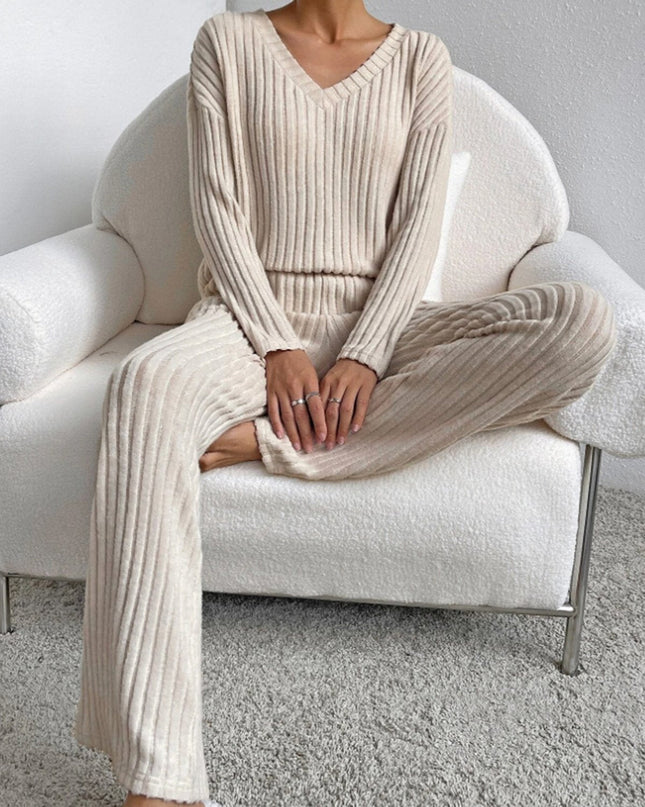 V Neck Ribbed Design Comfy Loose Straight-leg Trousers Two-Piece Set