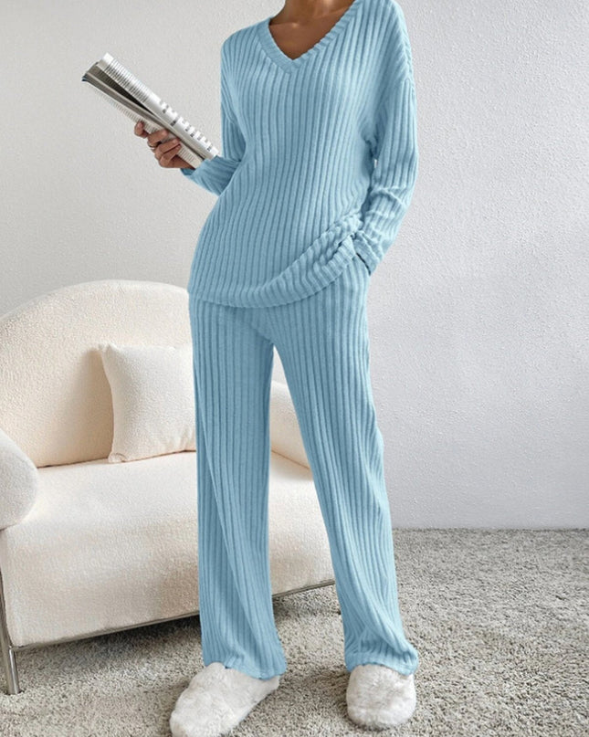 V Neck Ribbed Design Comfy Loose Straight-leg Trousers Two-Piece Set