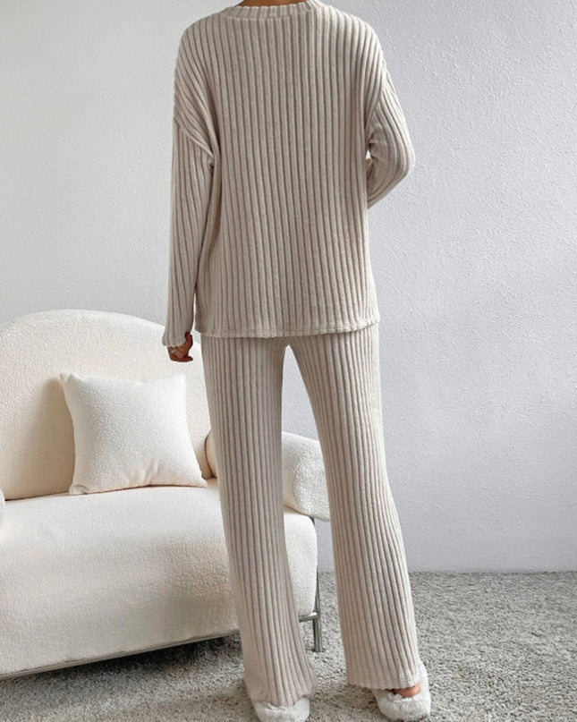 V Neck Ribbed Design Comfy Loose Straight-leg Trousers Two-Piece Set