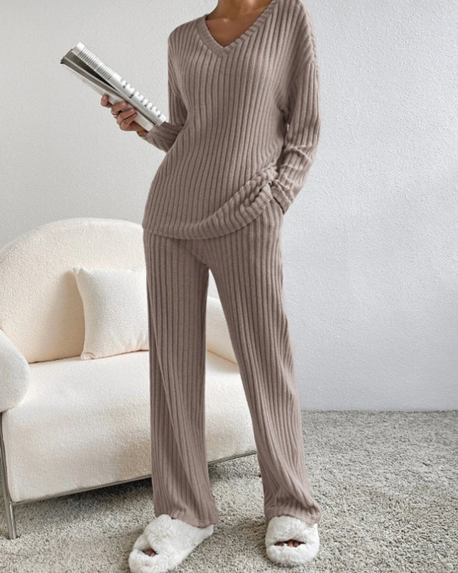 V Neck Ribbed Design Comfy Loose Straight-leg Trousers Two-Piece Set