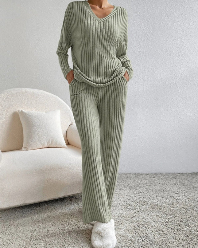 V Neck Ribbed Design Comfy Loose Straight-leg Trousers Two-Piece Set