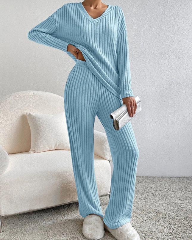 V Neck Ribbed Design Comfy Loose Straight-leg Trousers Two-Piece Set