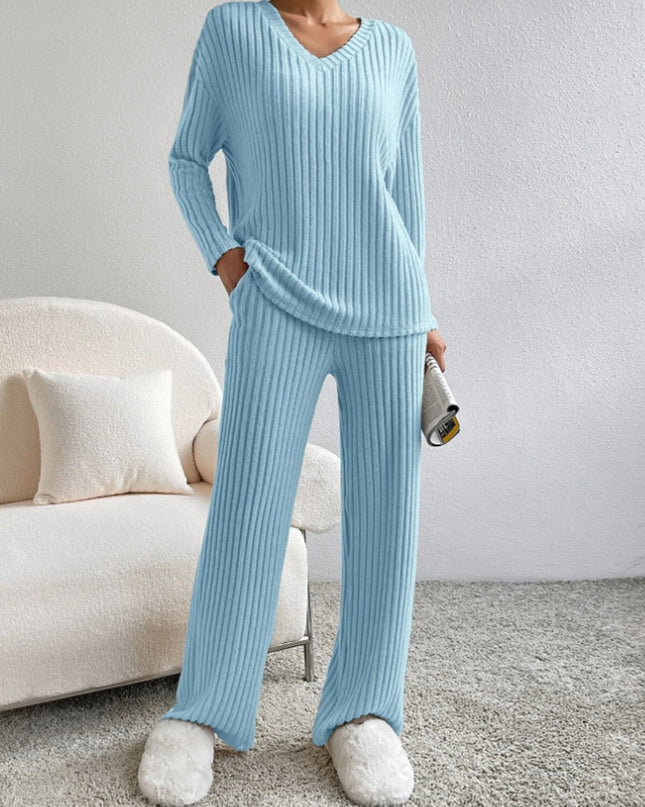 V Neck Ribbed Design Comfy Loose Straight-leg Trousers Two-Piece Set