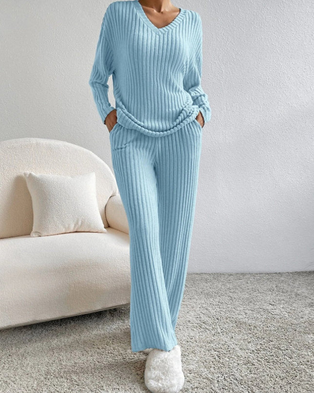 V Neck Ribbed Design Comfy Loose Straight-leg Trousers Two-Piece Set