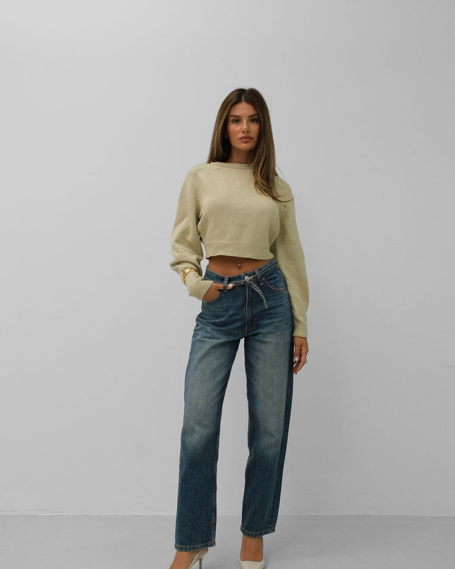 Johanna | Beiger Damen-Crop-Pullover mit Raglanärmeln
