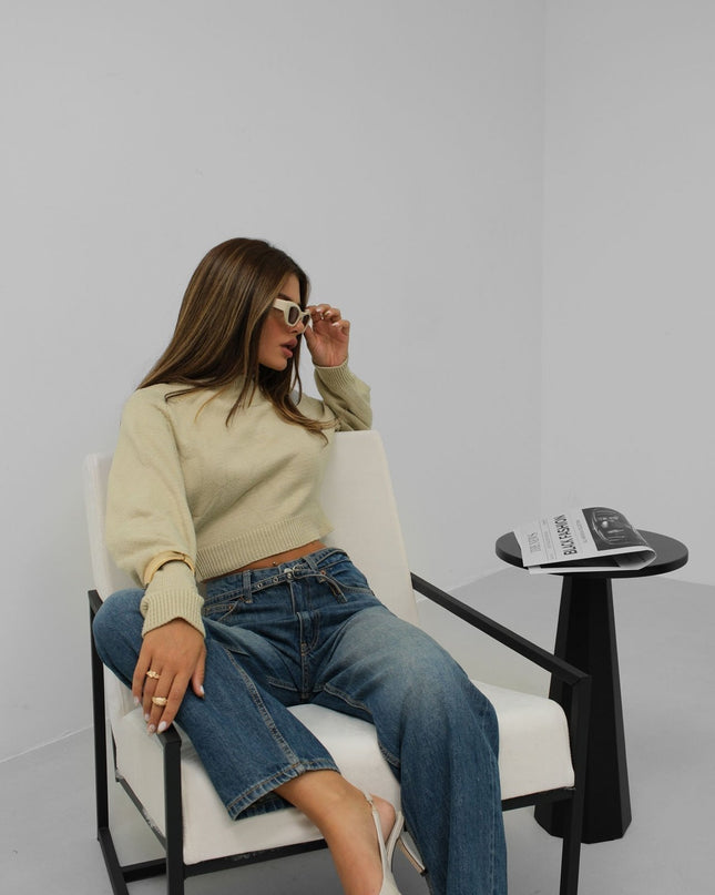 Johanna | Beiger Damen-Crop-Pullover mit Raglanärmeln